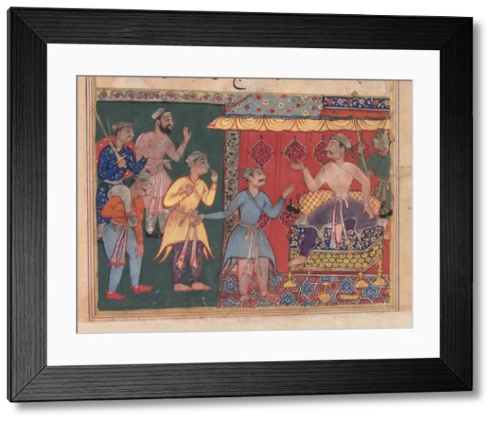Framed Print : Tales of a Parrot (Tuti-nama): The Twelfth Night: King Bhojaraja tries in vain to ascertain Framed Print : Tales of a Parrot (Tuti-nama): The Twelfth Night: King Bhojaraja tries in vain to ascertain