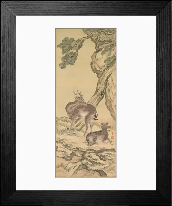 Framed Print : Symbols of Longevity: Deer under Peach and Pine (Peach) (left), 1801. Creator: Toda Tadanaka Framed Print : Symbols of Longevity: Deer under Peach and Pine (Peach) (left), 1801. Creator: Toda Tadanaka