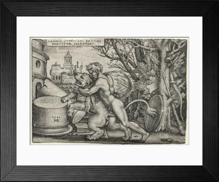 Framed Print : The Labors of Hercules: Hercules Strangling the Nemean Lion, 1548. Creator: Hans Sebald Beham Framed Print : The Labors of Hercules: Hercules Strangling the Nemean Lion, 1548. Creator: Hans Sebald Beham