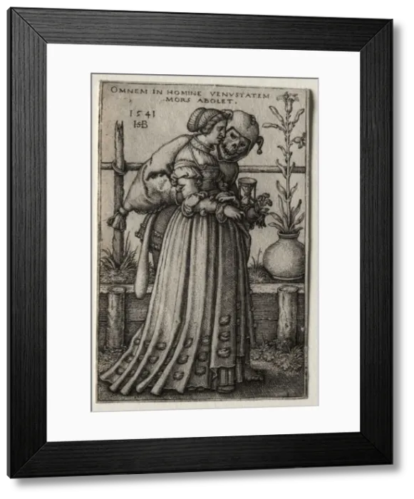Framed Print : The Lady of Death Masquerading as a Fool, 1541. Creator: Hans Sebald Beham (German, 1500-1550) Framed Print : The Lady of Death Masquerading as a Fool, 1541. Creator: Hans Sebald Beham (German, 1500-1550)
