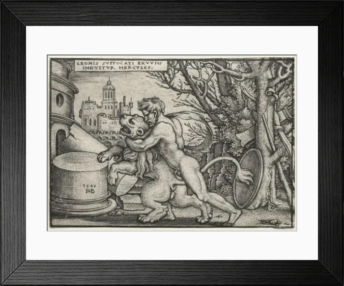 Framed Print : The Labors of Hercules: Hercules Strangling the Nemean Lion, 1548. Creator: Hans Sebald Beham Framed Print : The Labors of Hercules: Hercules Strangling the Nemean Lion, 1548. Creator: Hans Sebald Beham