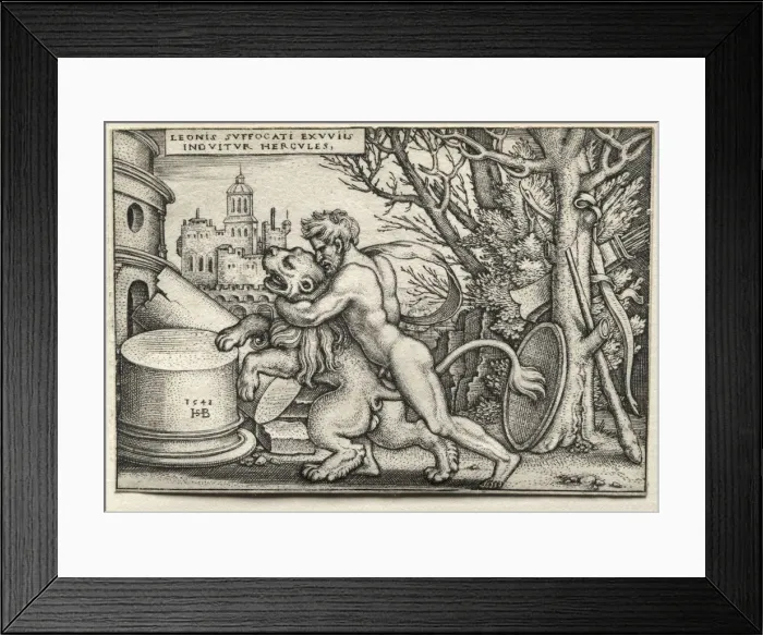 Framed Print : The Labors of Hercules: Hercules Strangling the Nemean Lion, 1548. Creator: Hans Sebald Beham Framed Print : The Labors of Hercules: Hercules Strangling the Nemean Lion, 1548. Creator: Hans Sebald Beham
