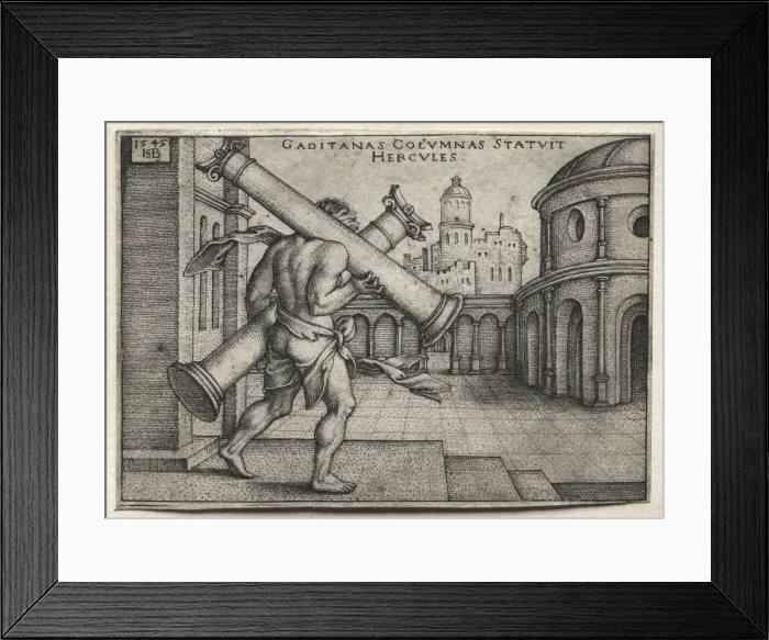 Framed Print : The Labors of Hercules: Hercules Carrying the Columns of Gades, 1545. Creator: Hans Sebald Beham Framed Print : The Labors of Hercules: Hercules Carrying the Columns of Gades, 1545. Creator: Hans Sebald Beham