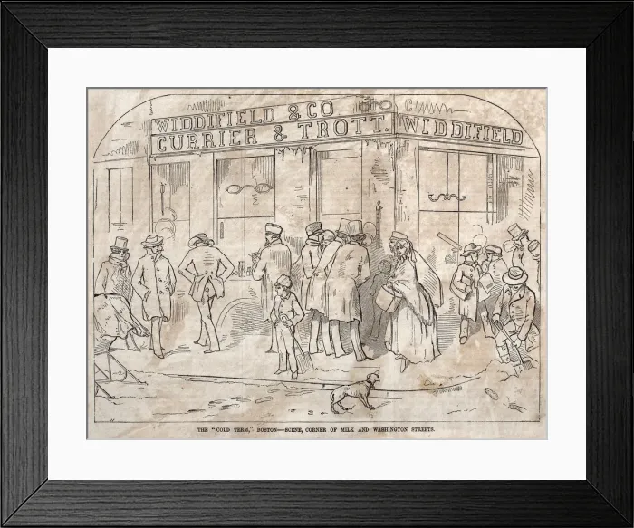 Framed Print : The Cold Term, Boston - Scene, Corner Milk and Washington Streets, 1858 Framed Print : The Cold Term, Boston - Scene, Corner Milk and Washington Streets, 1858