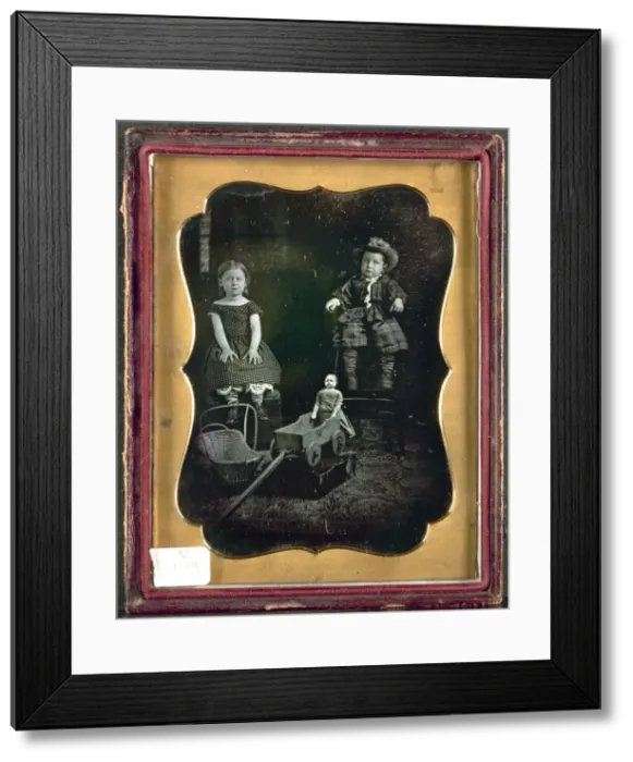 Framed Print : Two Children with Toys, c. 1855. Creator: Unidentified Photographer Framed Print : Two Children with Toys, c. 1855. Creator: Unidentified Photographer