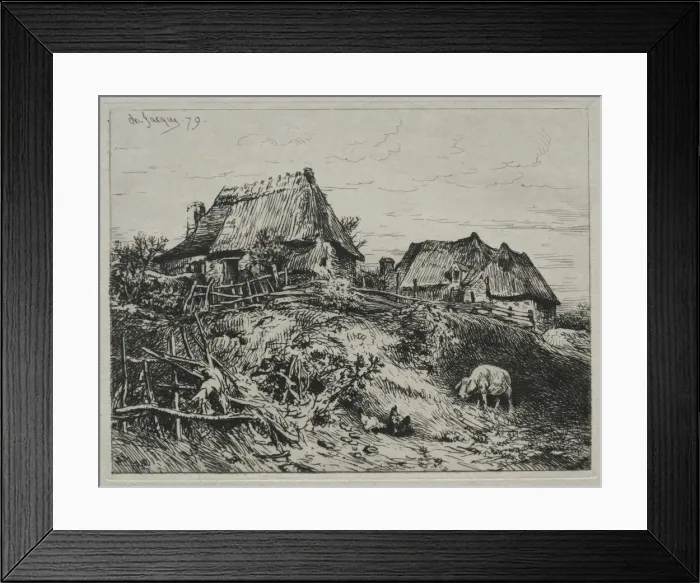 Framed Print : Two Cottages on a Bank, 1879. Creator: Charles-Emile Jacque (French, 1813-1894) Framed Print : Two Cottages on a Bank, 1879. Creator: Charles-Emile Jacque (French, 1813-1894)