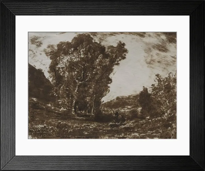 Framed Print : Two Boatmen in a Marsh near a Cluster of Trees, c. 1857. Creator: Henri-Joseph-Constant Dutilleux