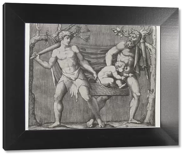 Two Fauns Carrying a Child in a Basket, c. 1513-1515. Creator: Marcantonio Raimondi (Italian