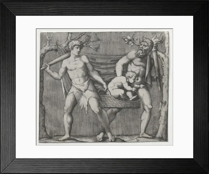 Framed Print : Two Fauns Carrying a Child in a Basket, c. 1513-1515. Creator: Marcantonio Raimondi (Italian Framed Print : Two Fauns Carrying a Child in a Basket, c. 1513-1515. Creator: Marcantonio Raimondi (Italian