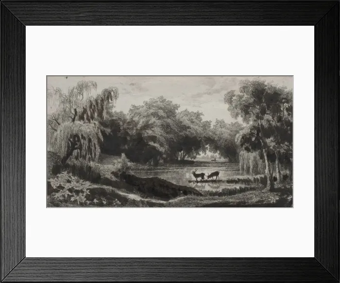 Framed Print : The Pool with Stags, 1845. Creator: Charles Francois Daubigny (French, 1817-1878) Framed Print : The Pool with Stags, 1845. Creator: Charles Francois Daubigny (French, 1817-1878)