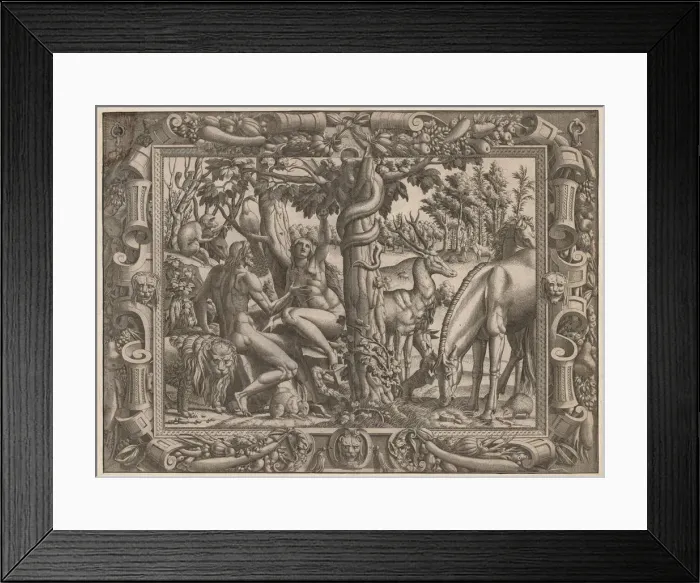 Framed Print : The Temptation of Eve, c. 1545 / 1547. Creator: Jean Mignon (French) Framed Print : The Temptation of Eve, c. 1545 / 1547. Creator: Jean Mignon (French)
