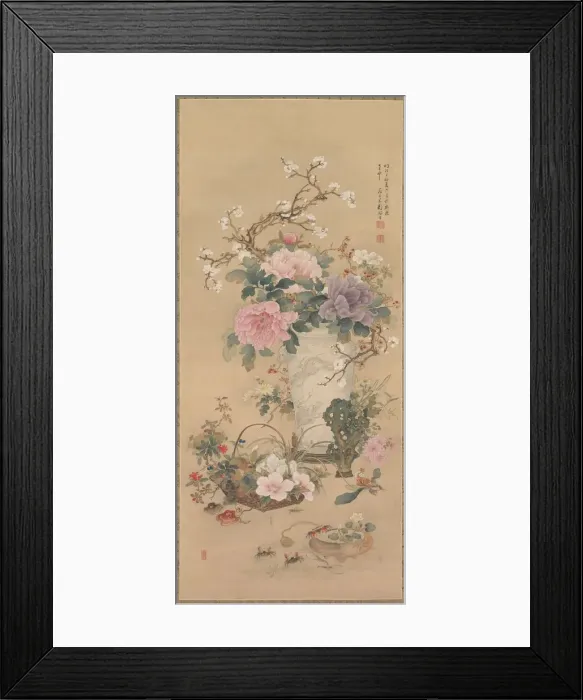 Framed Print : Vase of Flowers with Grasshopper, Marine Life, and Garden Rock, late 1800s. Creator Framed Print : Vase of Flowers with Grasshopper, Marine Life, and Garden Rock, late 1800s. Creator