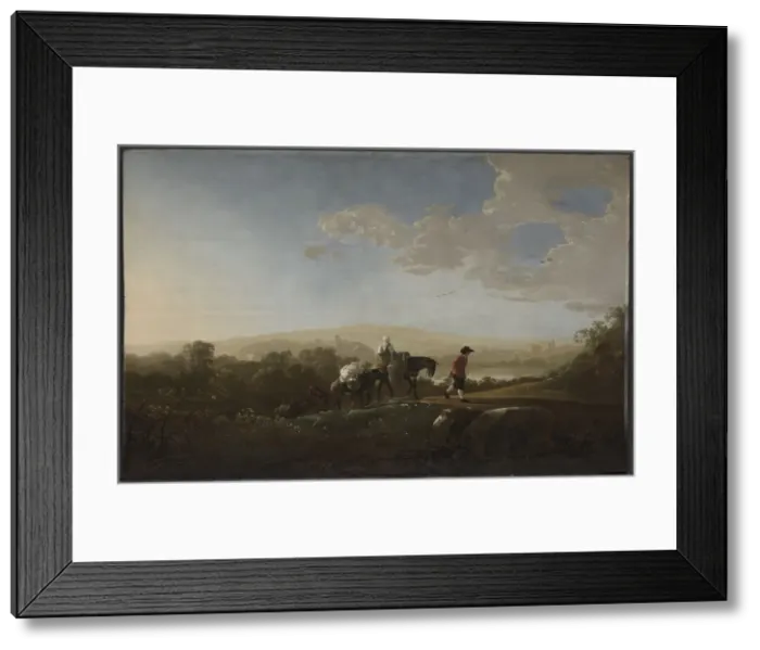 Framed Print : Travelers in Hilly Countryside, c. 1650. Creator: Aelbert Cuyp (Dutch, 1620-1691)
