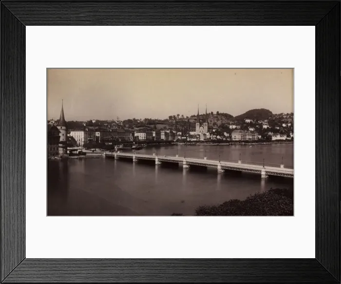 Framed Print : Untitled (Bridge with Town in Distance), 19th century. Creator: Unidentified Photographer Framed Print : Untitled (Bridge with Town in Distance), 19th century. Creator: Unidentified Photographer