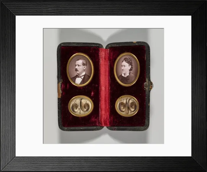Framed Print : Untitled (Case with portraits of a man and woman and hair ornaments), c. 1870s. Creator Framed Print : Untitled (Case with portraits of a man and woman and hair ornaments), c. 1870s. Creator