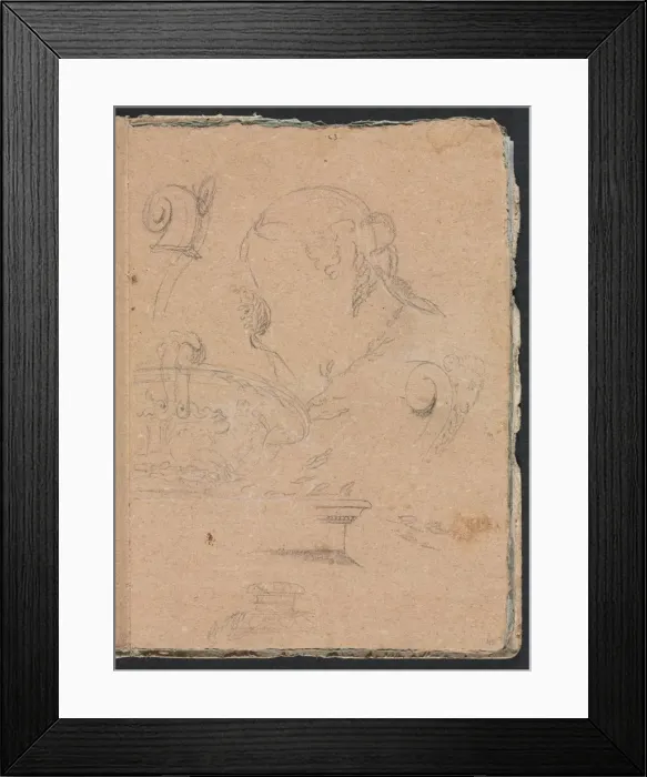 Framed Print : Verona Sketchbook: Architectural motifs with female head (page 45), 1760. Creator Framed Print : Verona Sketchbook: Architectural motifs with female head (page 45), 1760. Creator