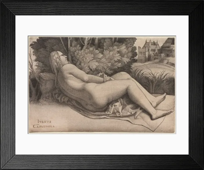 Framed Print : Venus Reclining in a Landscape, c. 1508-9. Creator: Giulio Campagnola (Italian, 1482-1515) Framed Print : Venus Reclining in a Landscape, c. 1508-9. Creator: Giulio Campagnola (Italian, 1482-1515)