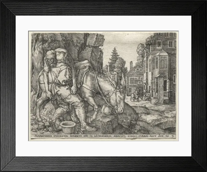 Framed Print : The Parable of the Good Samaritan: The Good Samaritan Putting the Traveler on His Donkey, 1554 Framed Print : The Parable of the Good Samaritan: The Good Samaritan Putting the Traveler on His Donkey, 1554