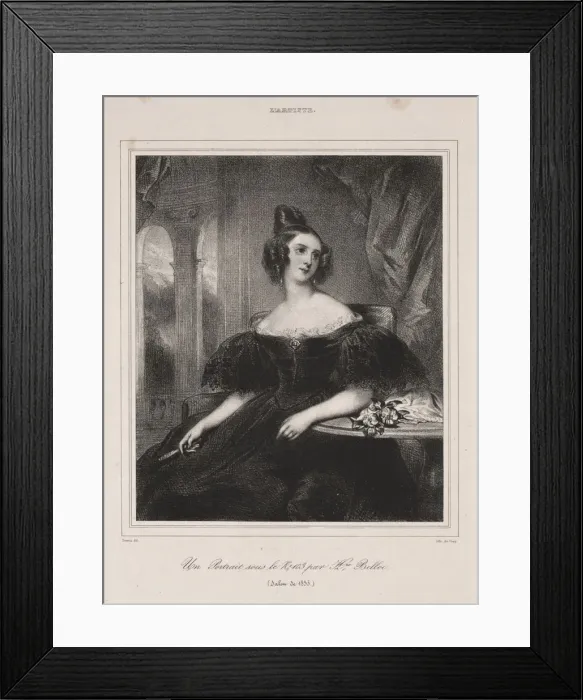Framed Print : Young Woman with a Fan Seated at a Table, 1835. Creator: Achille Deveria (French, 1800-1857)