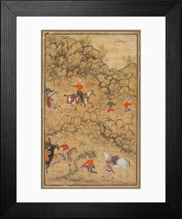 Framed Print : Hunting with falcons in a landscape; Verso: Calligraphy of Chaghatai Turkish poems Framed Print : Hunting with falcons in a landscape; Verso: Calligraphy of Chaghatai Turkish poems