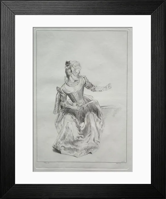 Framed Print : Woman Holding a Fan. Creator: Benoit II Audran (French, 1700-1772), possibly by Framed Print : Woman Holding a Fan. Creator: Benoit II Audran (French, 1700-1772), possibly by