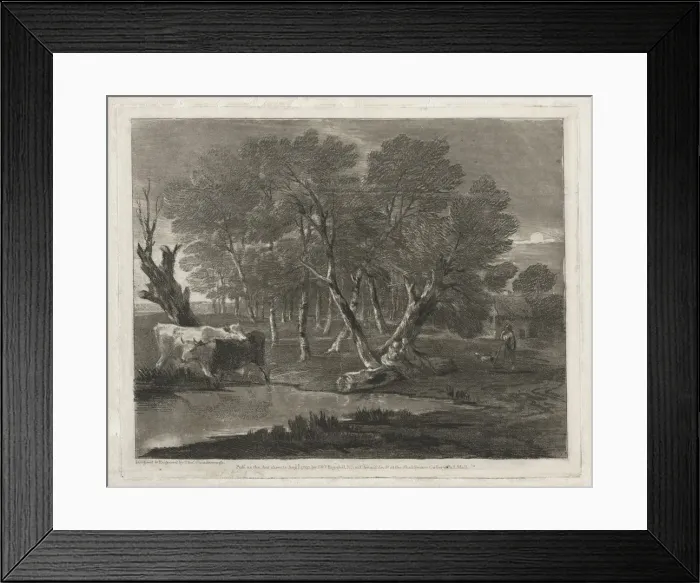 Framed Print : Wooded Landscape with Cows beside a Pool, Figures and Cottage, published in 1797 Framed Print : Wooded Landscape with Cows beside a Pool, Figures and Cottage, published in 1797