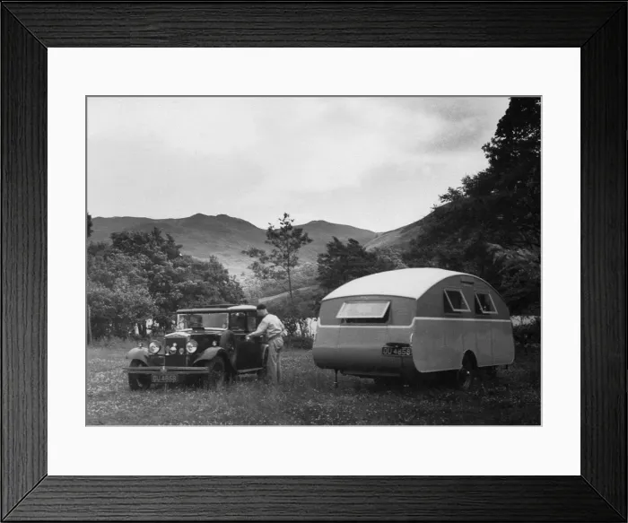 Framed Print : 1930 Morris Oxford Six with Winchester Streamline caravan. Creator: Unknown Framed Print : 1930 Morris Oxford Six with Winchester Streamline caravan. Creator: Unknown
