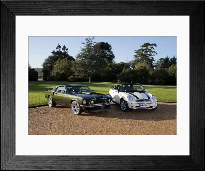 Framed Print : 1968 Ford Mustang with 2006 Mini Cooper convertible. Creator: Unknown Framed Print : 1968 Ford Mustang with 2006 Mini Cooper convertible. Creator: Unknown