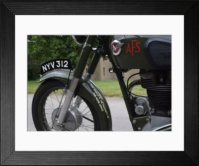Framed Print : 1954 Matchless G3 LS Auxiliary Fire Service motorcycle. Creator: Unknown Framed Print : 1954 Matchless G3 LS Auxiliary Fire Service motorcycle. Creator: Unknown