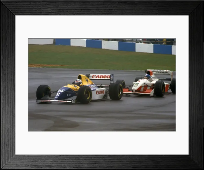 Framed Print : Williams Renault FW15C, Alain Prost leads Derek Warwick, European Grand Prix. Creator: Unknown