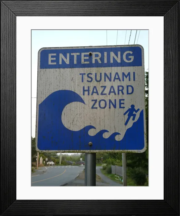 Framed Print : Tsunami warning road sign, British Columbia, Canada 2018. Creator: Unknown Framed Print : Tsunami warning road sign, British Columbia, Canada 2018. Creator: Unknown