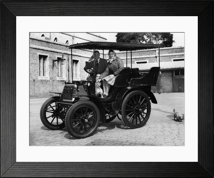 Framed Print : 1900 Royal Daimler, with H. R. H. Queen Elizabeth with Lord Montagu in 1977. Creator: Unknown Framed Print : 1900 Royal Daimler, with H. R. H. Queen Elizabeth with Lord Montagu in 1977. Creator: Unknown