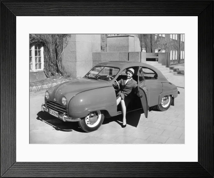 Framed Print : 1954 Saab 92b with female model. Creator: Unknown Framed Print : 1954 Saab 92b with female model. Creator: Unknown