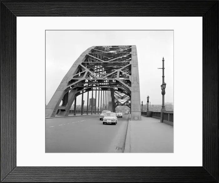 Framed Print : Mini on the 1959 Mobil Economy Run, Tyne Bridge in Newcastle. Creator: Unknown