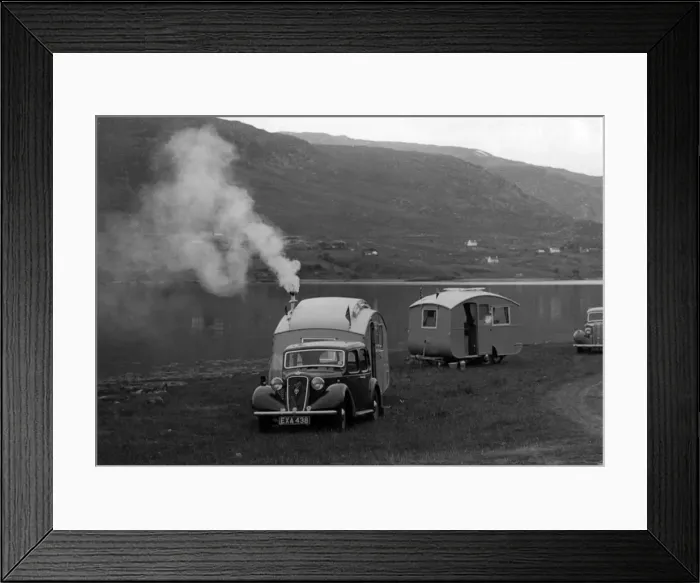 Framed Print : 1937 Austin 12hp saloon with caravan. Creator: Unknown Framed Print : 1937 Austin 12hp saloon with caravan. Creator: Unknown