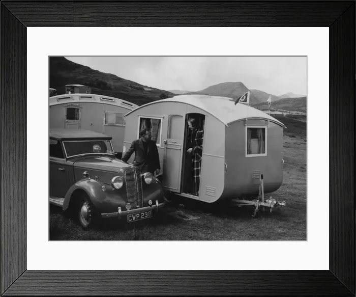 Framed Print : 1939 Ausin Big Seven tourer with caravans. Creator: Unknown Framed Print : 1939 Ausin Big Seven tourer with caravans. Creator: Unknown