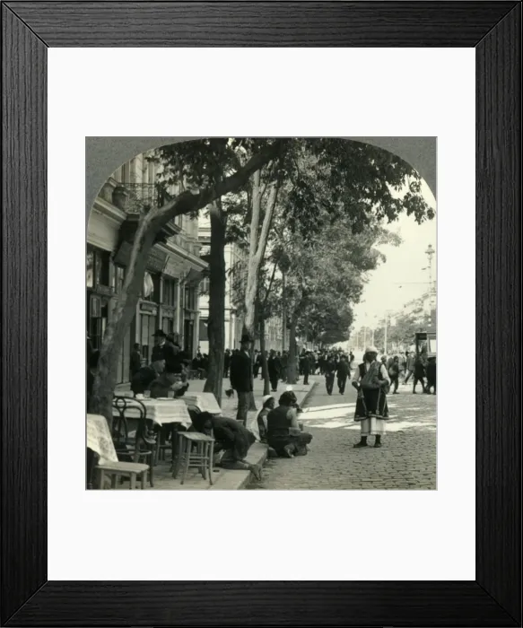Framed Print : Street Scene Showing Peasant Woman and Sidewalk Coffee-House, Sofia, Bulgaria, c1930s Framed Print : Street Scene Showing Peasant Woman and Sidewalk Coffee-House, Sofia, Bulgaria, c1930s