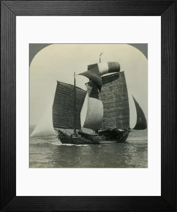 Framed Print : Picturesque Chinese Junk under Full Sail on the Yellow Sea, Coast of Manchukuo in Distance Framed Print : Picturesque Chinese Junk under Full Sail on the Yellow Sea, Coast of Manchukuo in Distance