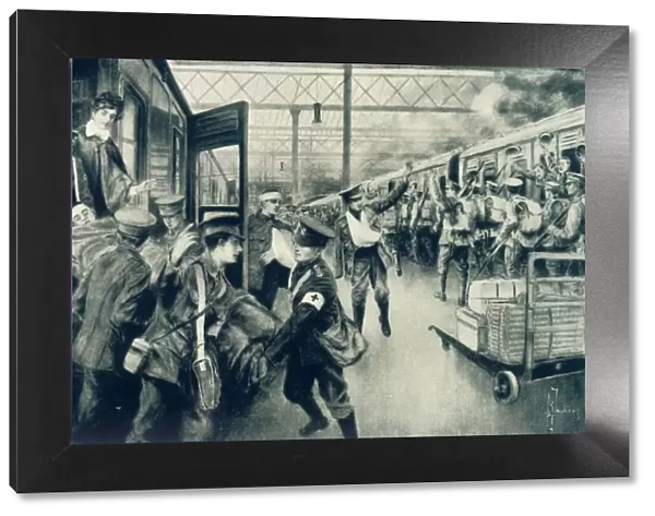 Wounded in War Arriving at Waterloo Station, London, as an Outward Troop Train Leaves, 1915