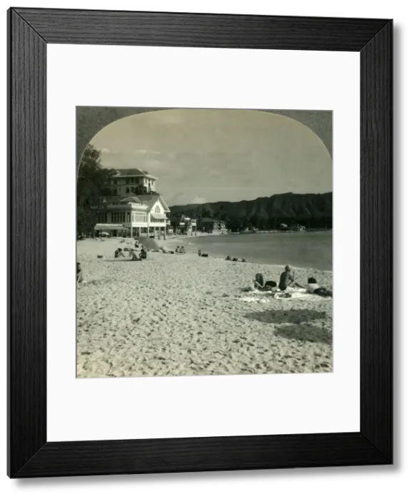 Framed Print : On the Sands of Waikiki Beach, near Honolulu, Hawaii, c1930s. Creator: Unknown Framed Print : On the Sands of Waikiki Beach, near Honolulu, Hawaii, c1930s. Creator: Unknown