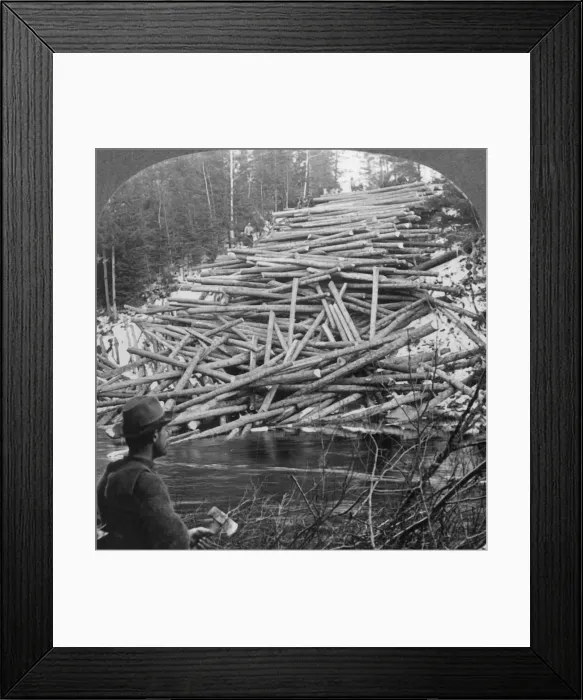 Framed Print : Logs from the Forest Delivered at the Stream, Aroostook County, Me. c1930s. Creator: Unknown Framed Print : Logs from the Forest Delivered at the Stream, Aroostook County, Me. c1930s. Creator: Unknown