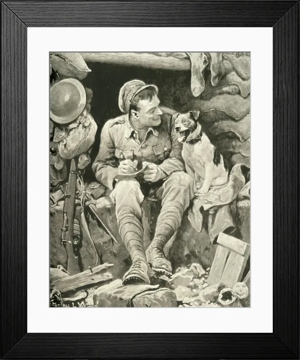 Framed Print : 'Give Her My Love!' Tommy and His Canine Friend, 1917. Creator: Stanley Llewellyn Wood. 'Give Her My Love!' Tommy and His Canine Friend, 1917