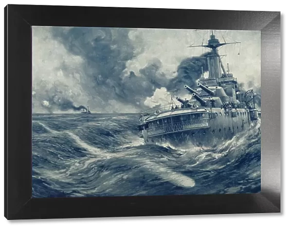 Missed! U Boats Torpedo Passes Beyond the Stern of British War Vessel, 1916. Creator: Unknown