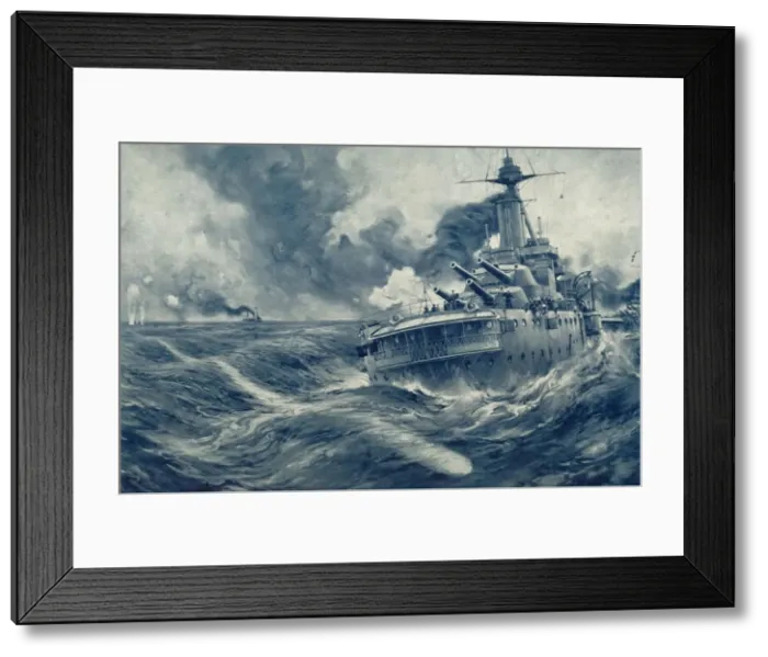 Framed Print : Missed! U Boats Torpedo Passes Beyond the Stern of British War Vessel, 1916. Creator: Unknown Framed Print : Missed! U Boats Torpedo Passes Beyond the Stern of British War Vessel, 1916. Creator: Unknown