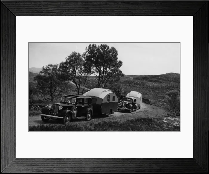 Framed Print : 1936 Austin Twenty with caravan and 1936 Oldsmobile Eight with caravan. Creator: Unknown Framed Print : 1936 Austin Twenty with caravan and 1936 Oldsmobile Eight with caravan. Creator: Unknown