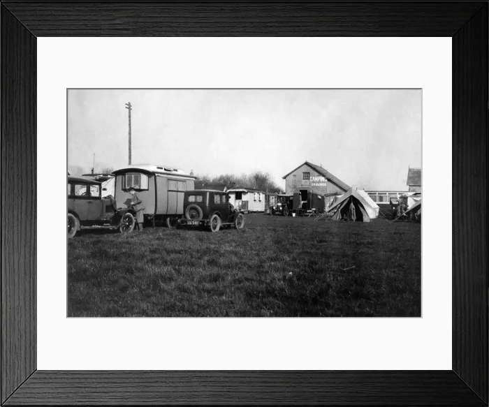 Framed Print : Voyageur caravan with Austin Seven on campsite early 1930 s. Creator: Unknown Framed Print : Voyageur caravan with Austin Seven on campsite early 1930 s. Creator: Unknown