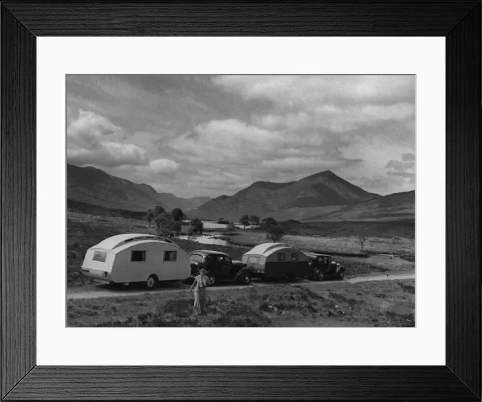 Framed Print : 1936 Austin Twenty with caravan and 1936 Oldsmobile Eight with caravan. Creator: Unknown Framed Print : 1936 Austin Twenty with caravan and 1936 Oldsmobile Eight with caravan. Creator: Unknown