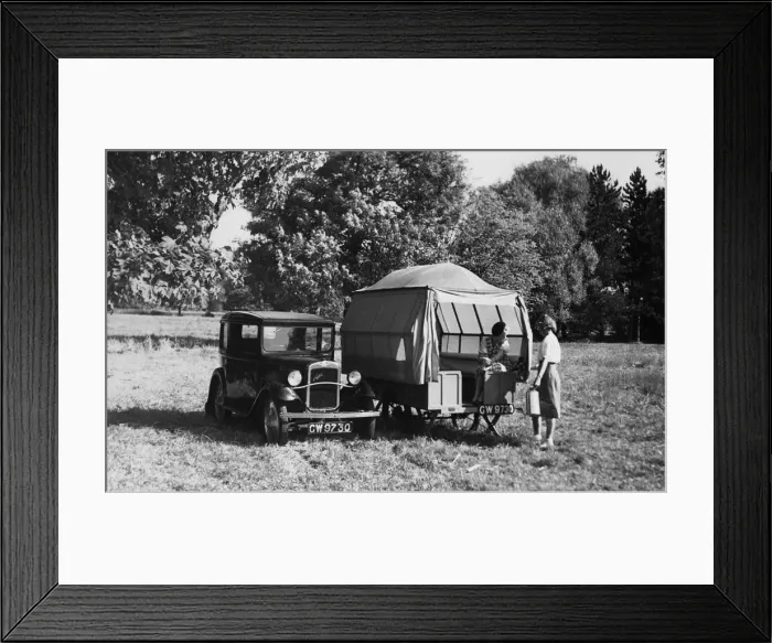 Framed Print : 1930 Austin Seven with trailer caravan. Creator: Unknown Framed Print : 1930 Austin Seven with trailer caravan. Creator: Unknown