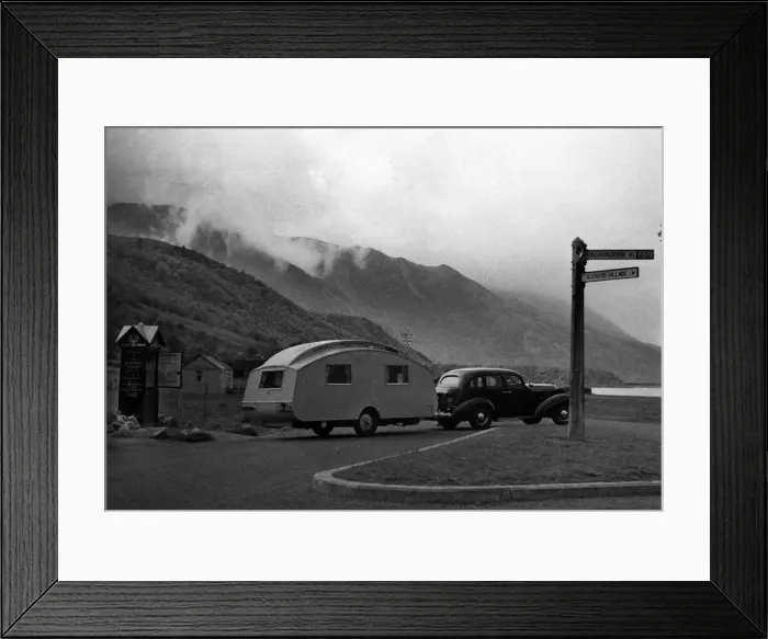 Framed Print : 1936 Oldsmobile Eight with caravan in Scotland. Creator: Unknown Framed Print : 1936 Oldsmobile Eight with caravan in Scotland. Creator: Unknown