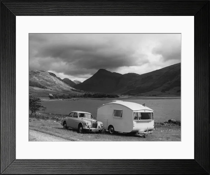 Framed Print : 1955 MG ZA Magnette with 1954 Pipit Caravan. Creator: Unknown Framed Print : 1955 MG ZA Magnette with 1954 Pipit Caravan. Creator: Unknown